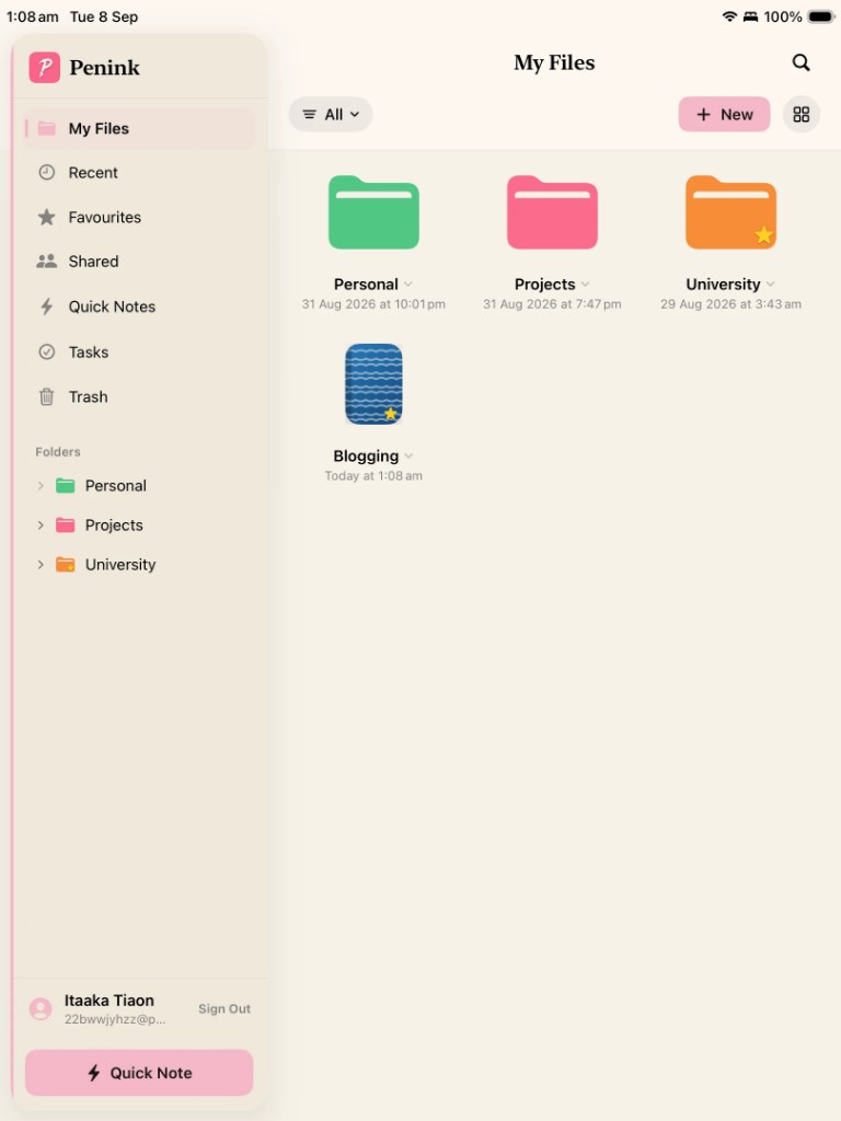 Portrait tablet view of the Penink file explorer