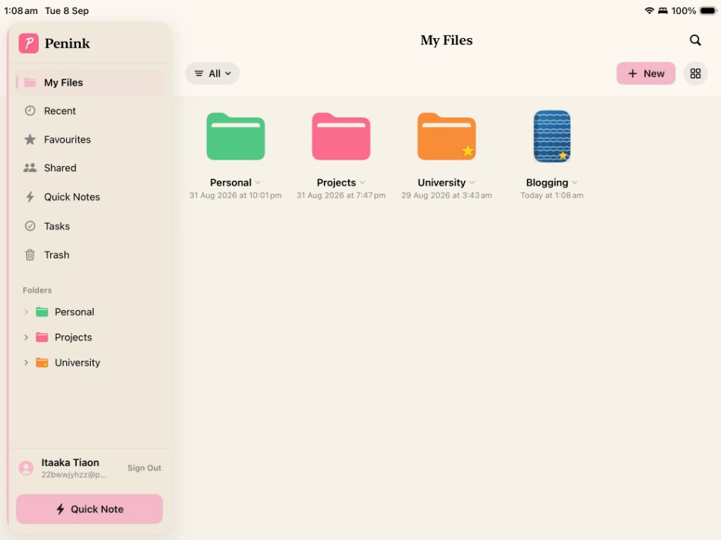 Penink My Files screen on a tablet, with nested folders for Personal, Projects, and University plus a Blogging notebook