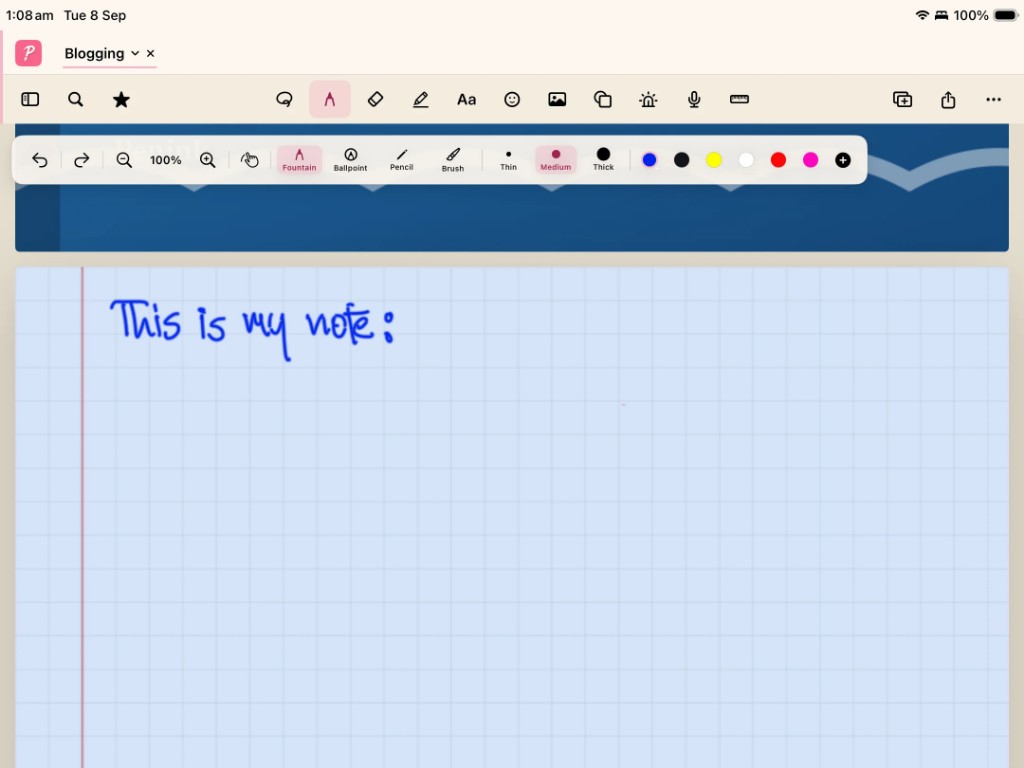Penink on a tablet showing natural handwriting on grid paper, with fountain pen tools and a Blogging tab open