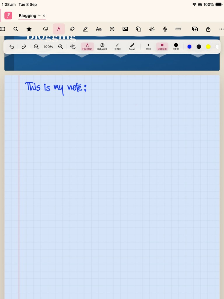 Portrait tablet view of Penink handwriting, with fountain pen selected and the note This is my note written in blue ink